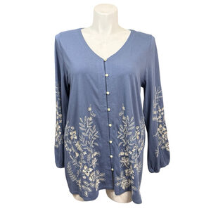 J.Jill Embroidered Button Front Knit Top Size Large Blue Floral